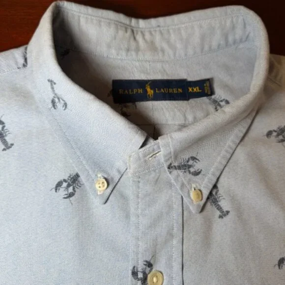 โญ Ralph Lauren XXL Button Down Shirt Blue Lobster Print Short Sleeve Cotton - Picture 8 of 16